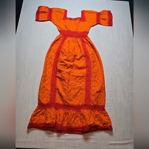 1970s Orange Crochet Lace Bell Sleeve Mexican Wedding Boho Hippie Maxi Dress